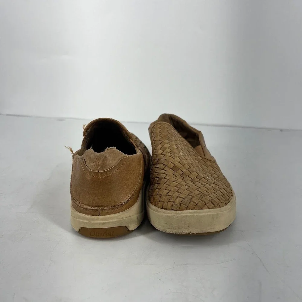 OluKai Lae'ahi Lauhala Mens 10 Woven Leather Slip On Sneakers Brown 10486-FXFX